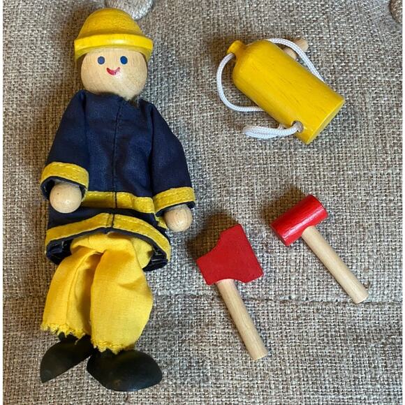 Wooden Firefighter Posable Lot of 4 Tank, Ax Toy Figure - Picture 1 of 3